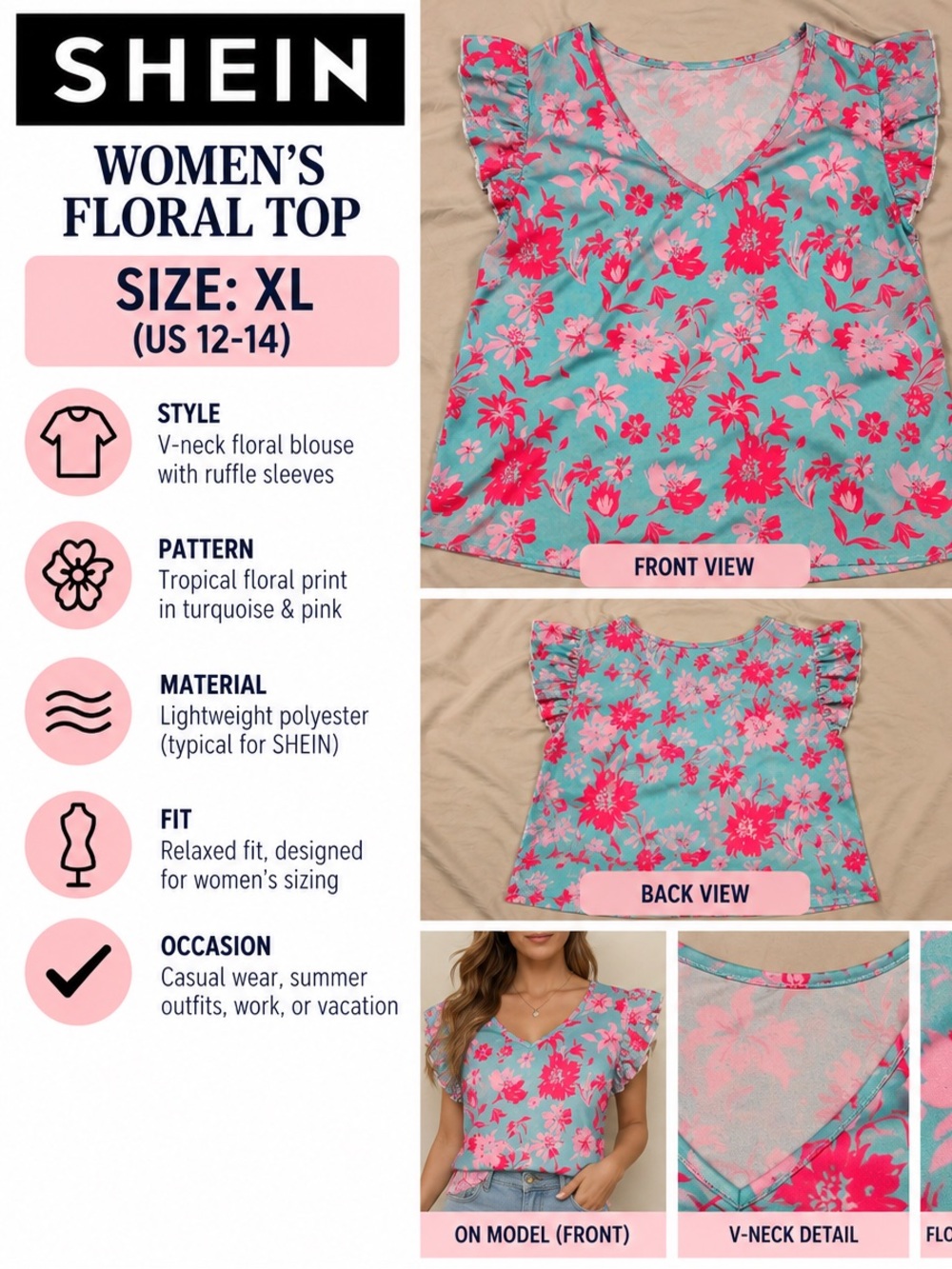 SHEIN Turquoise & Pink Floral Ruffle Sleeve V-Neck Blouse - XL